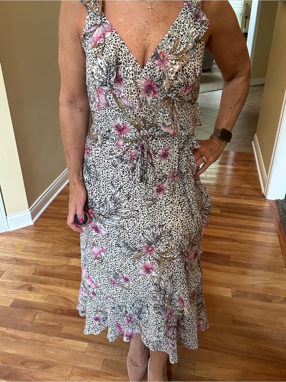 White House Black Market Pink and Cream Floral Ruffle V-Neck Dress